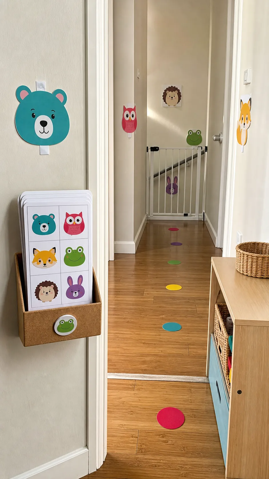 Indoor wall scavenger hunt setup for a playroom party