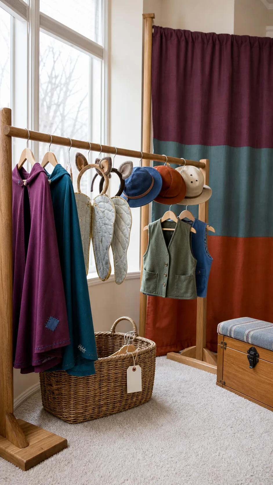 Dress up portrait rail and photo wall in a kids playroom