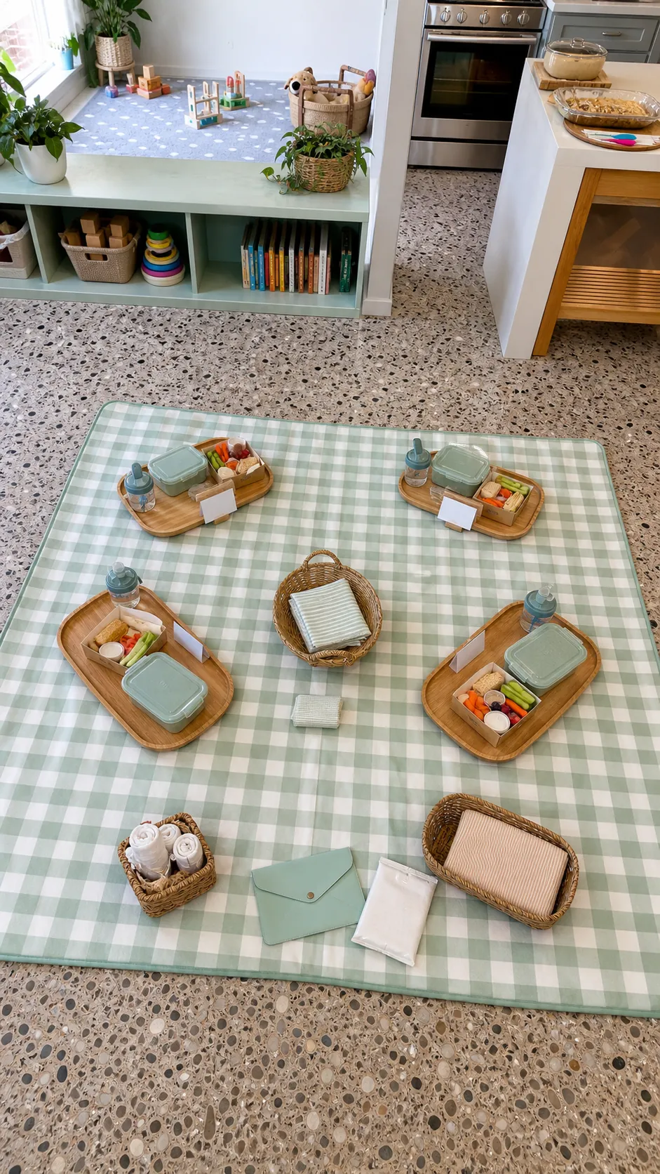 Floor picnic snack zone for a playroom birthday setup
