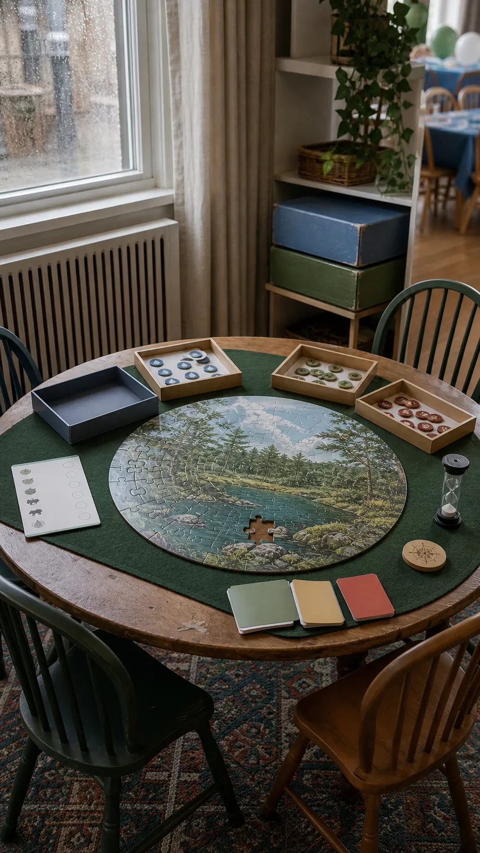 Cooperative puzzle and board game table for a home birthday