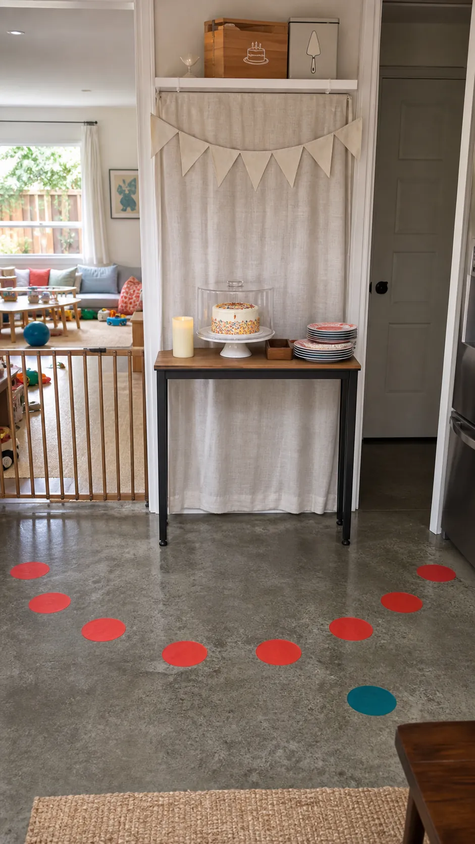 Safe cake moment zone beside a kids birthday playroom