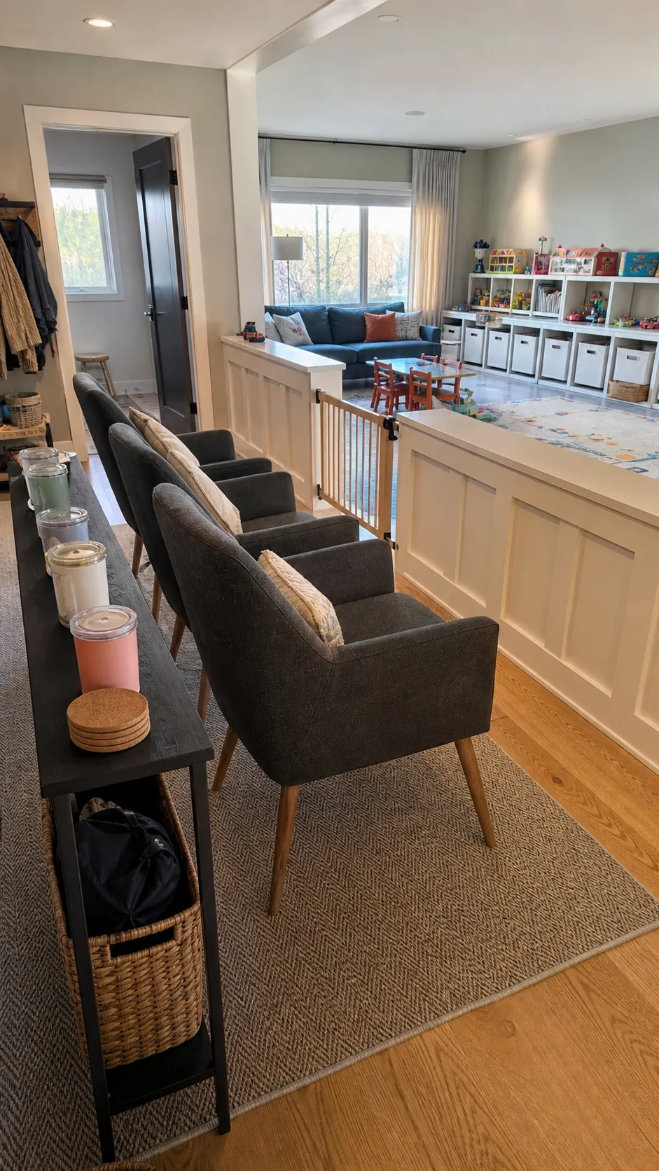 Caregiver seating overlooking an organized playroom party