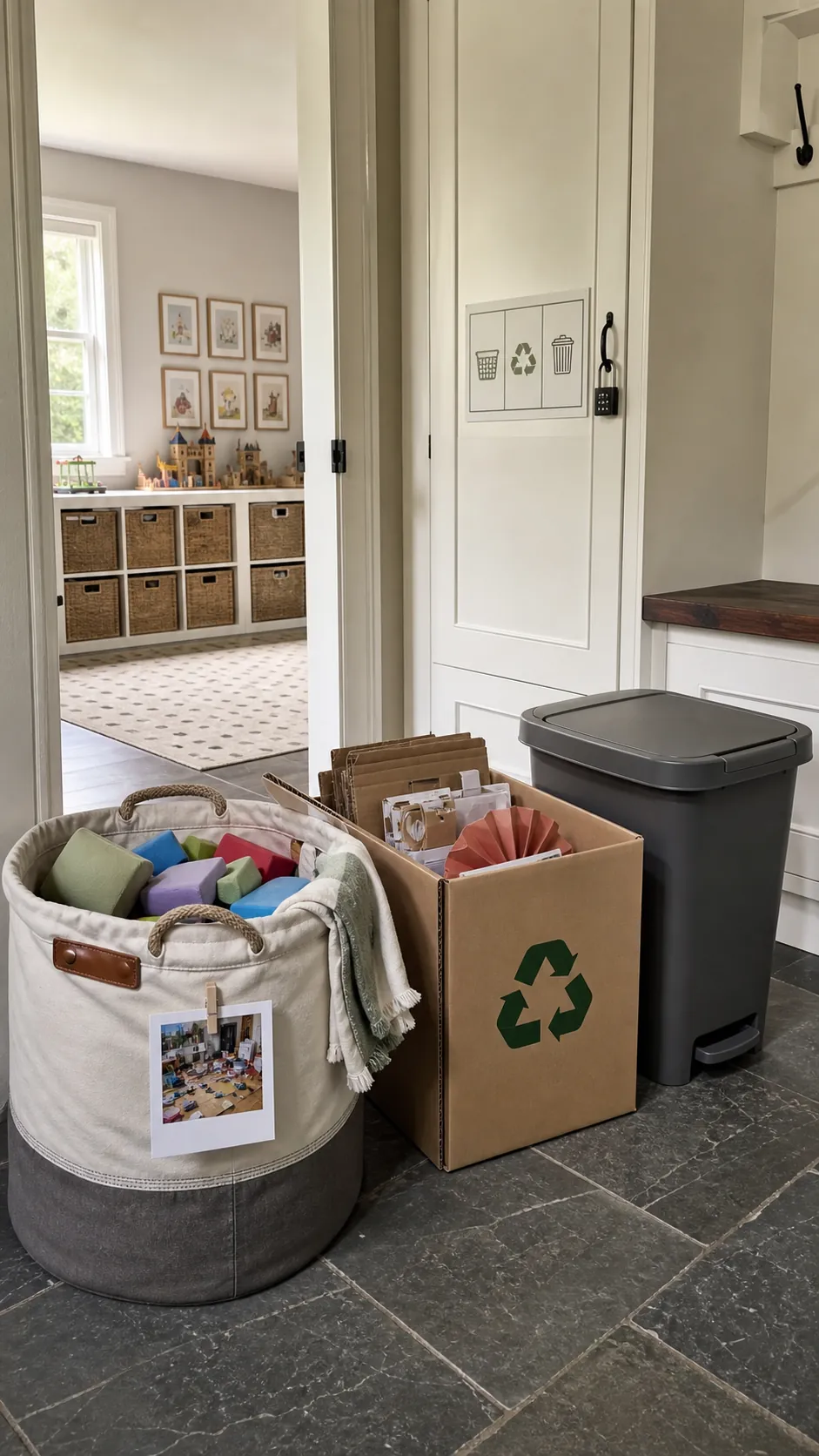 Simple one-basket cleanup system after a playroom birthday party