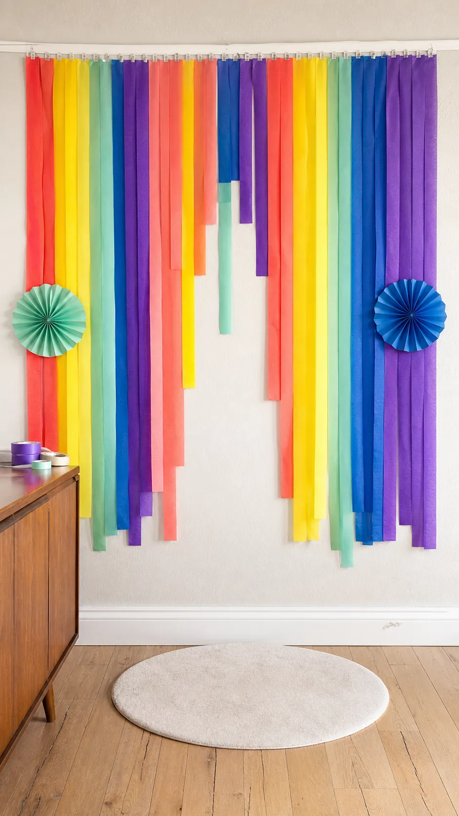 Rainbow streamer birthday photo booth for kids
