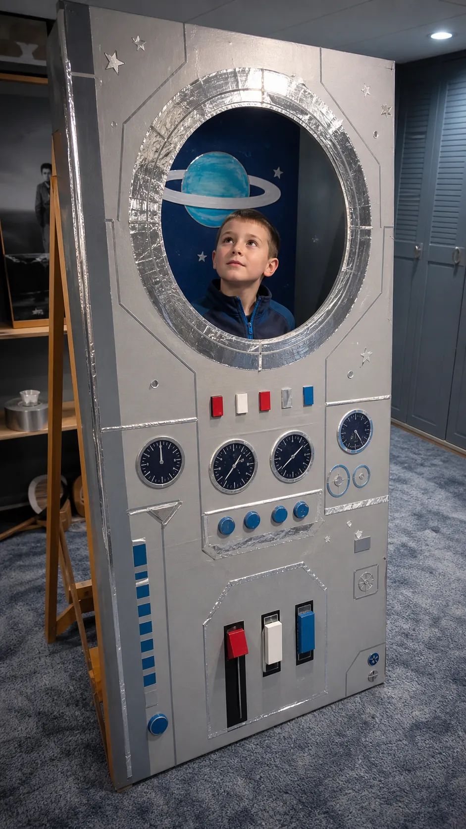 Space capsule window kids photo booth