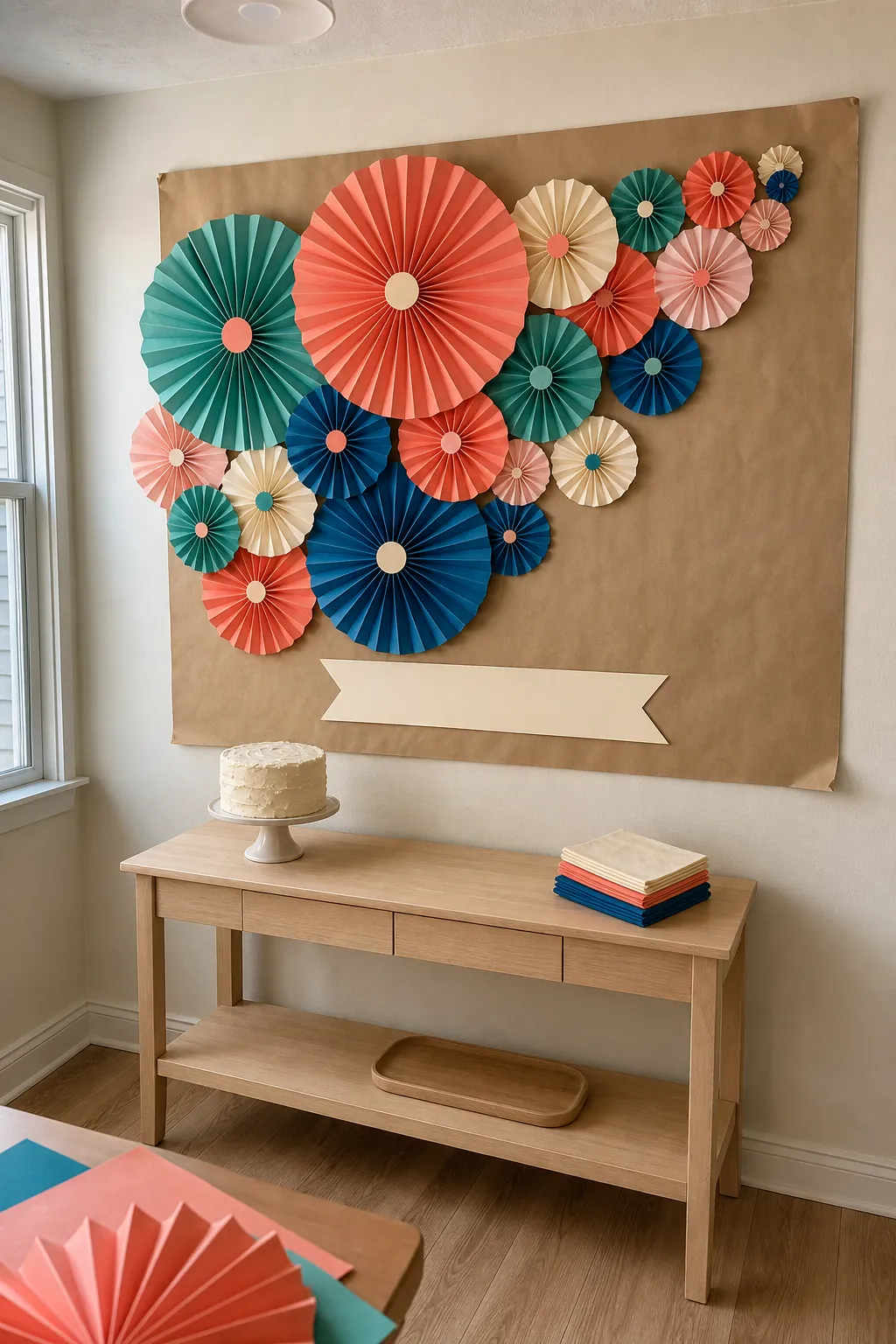 Colorful layered paper fans forming a DIY kids party wall