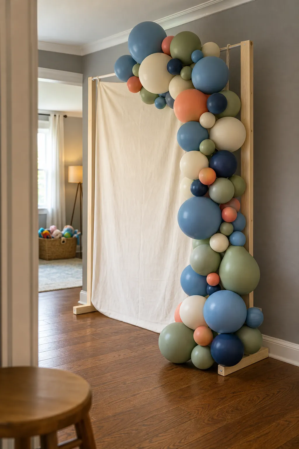 Asymmetrical balloon garland beside a simple kids party backdrop
