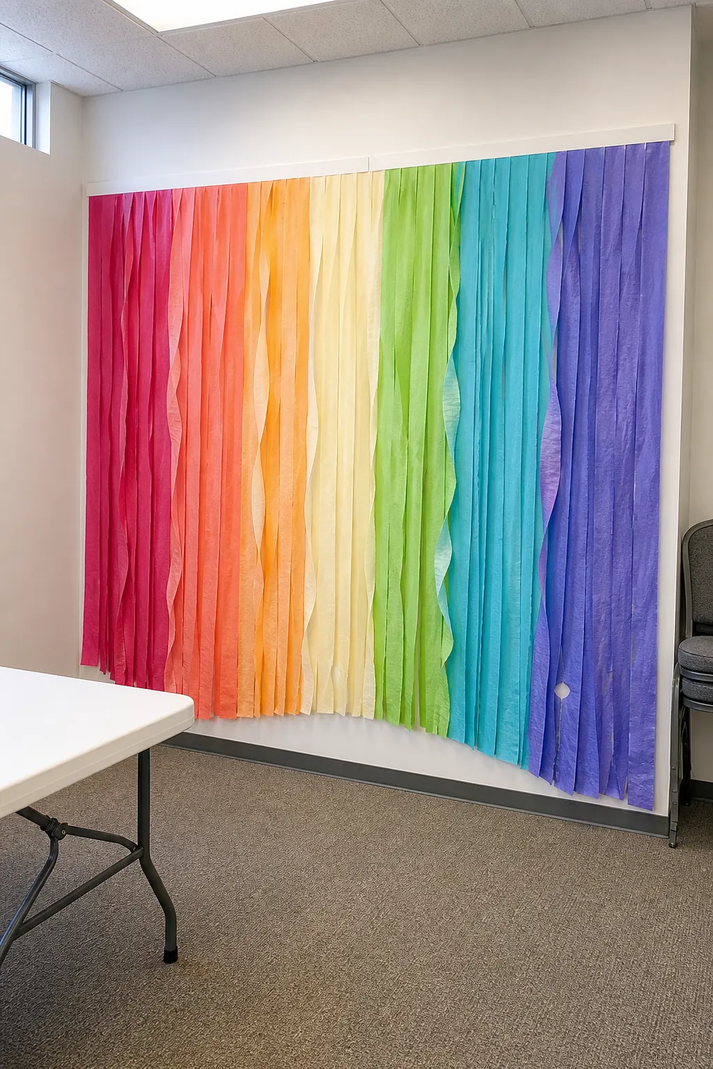 Rainbow crepe streamers arranged as a kids birthday wall backdrop