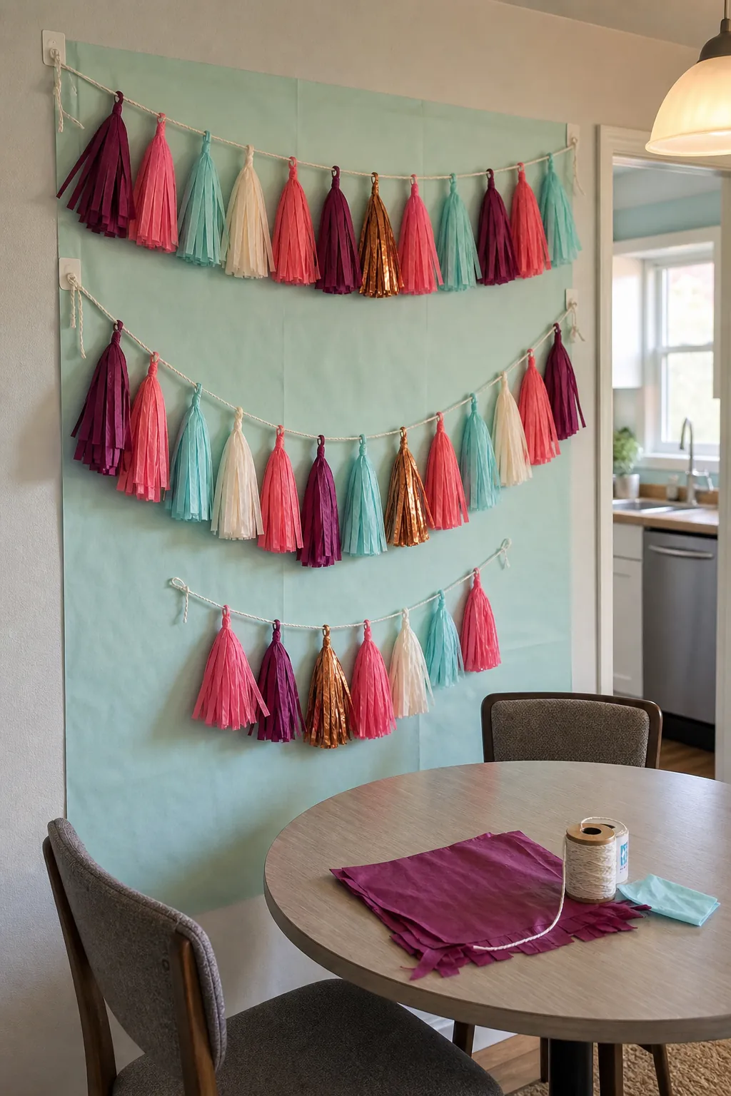 Handmade tissue tassel garlands decorating a children's party wall