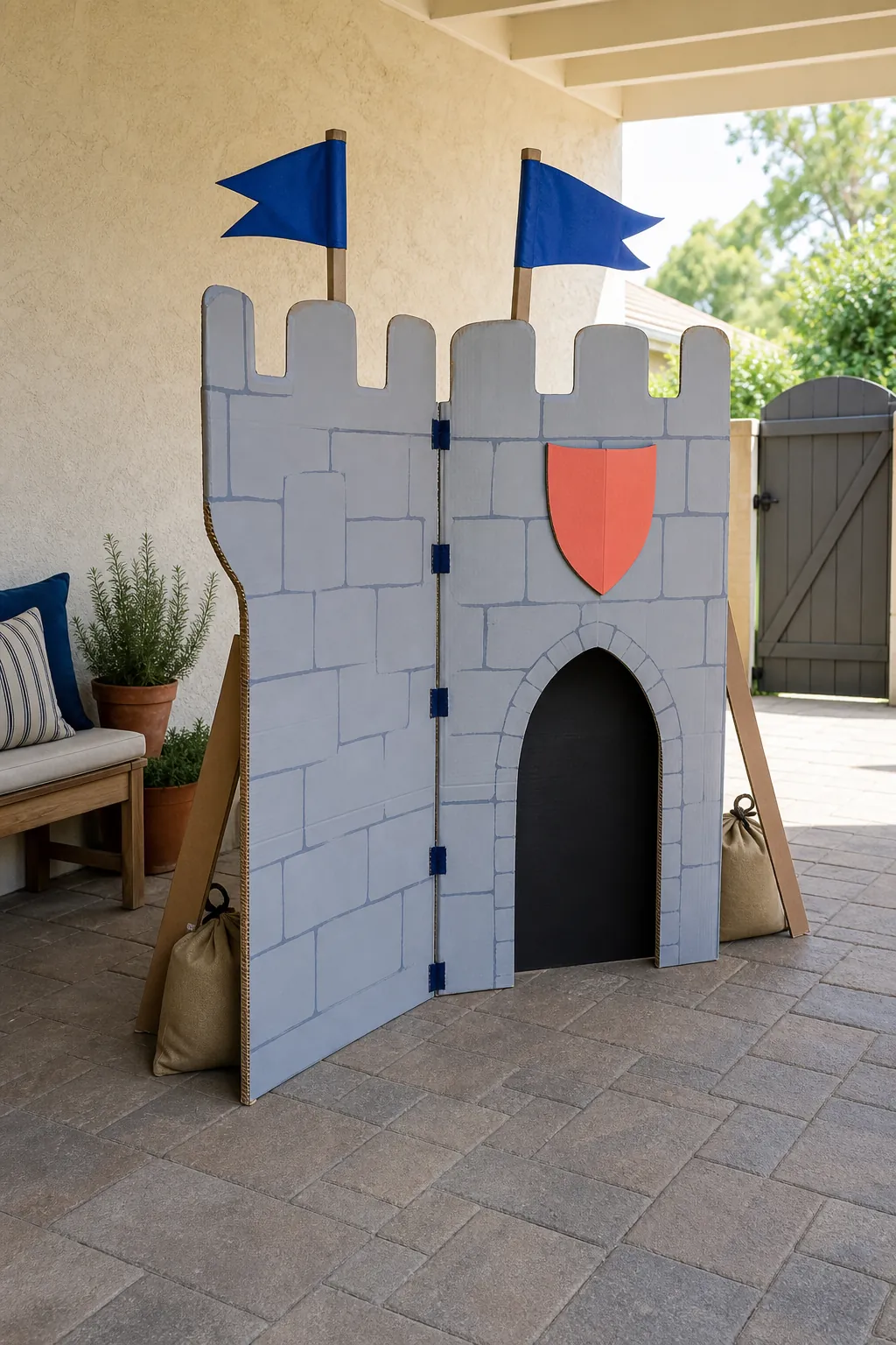 Painted cardboard castle used as a homemade party backdrop