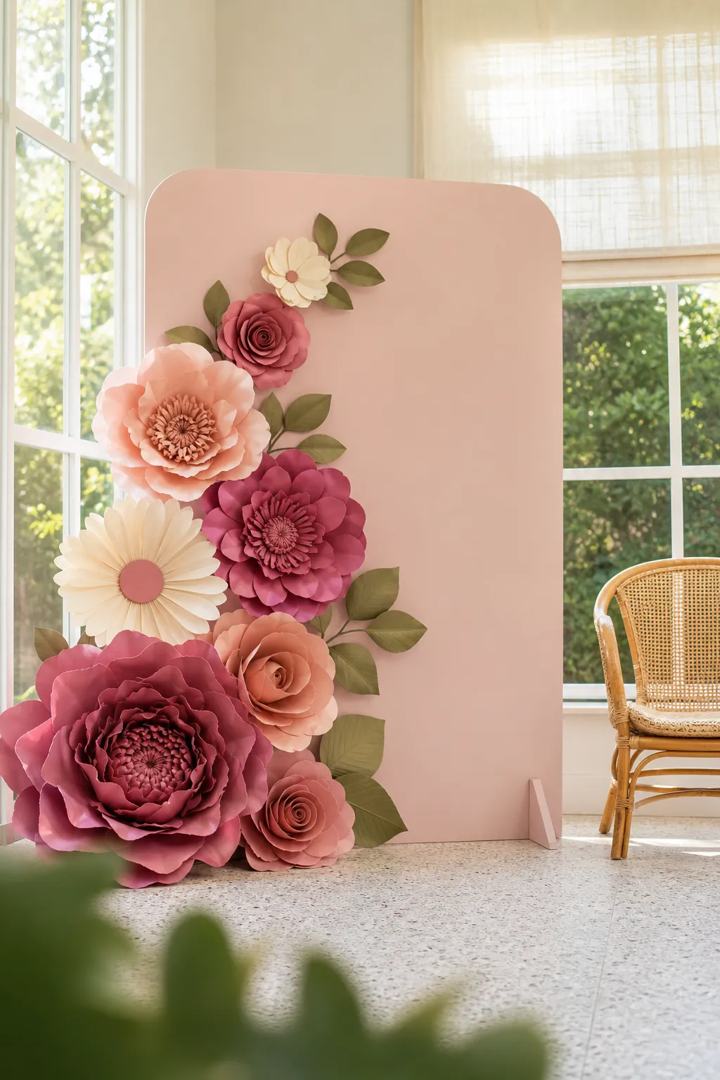 Oversized handmade paper flowers on a kids party feature wall