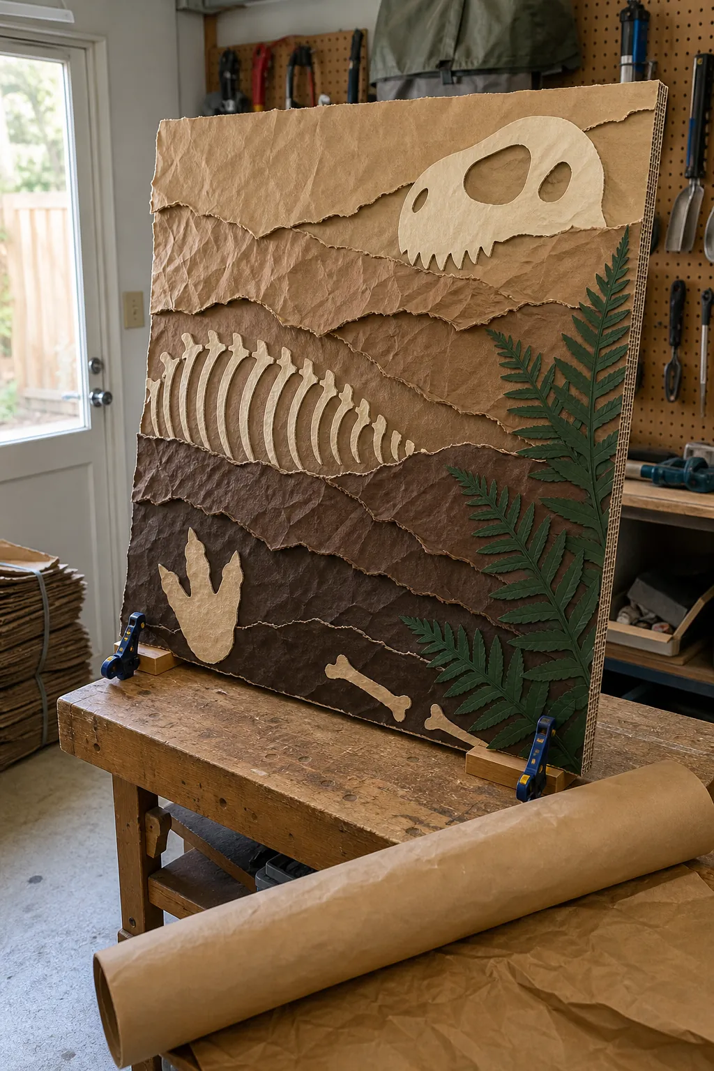 Layered paper dinosaur excavation scene for a kids party wall