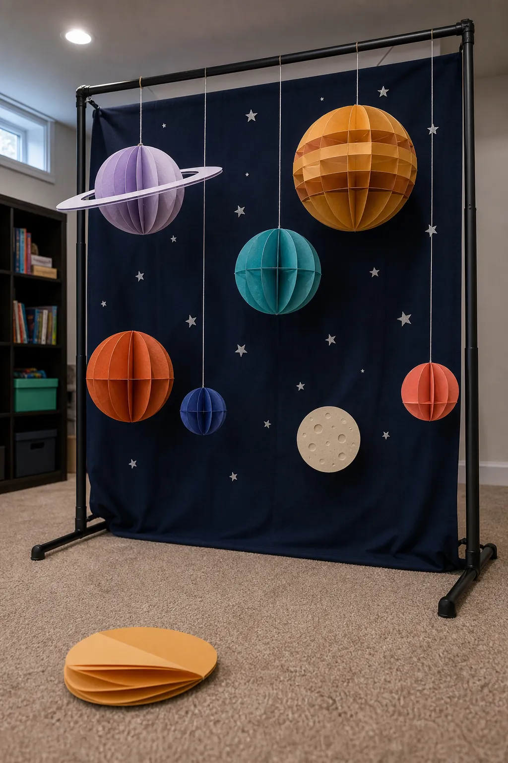 Colorful paper planets suspended against a space birthday wall