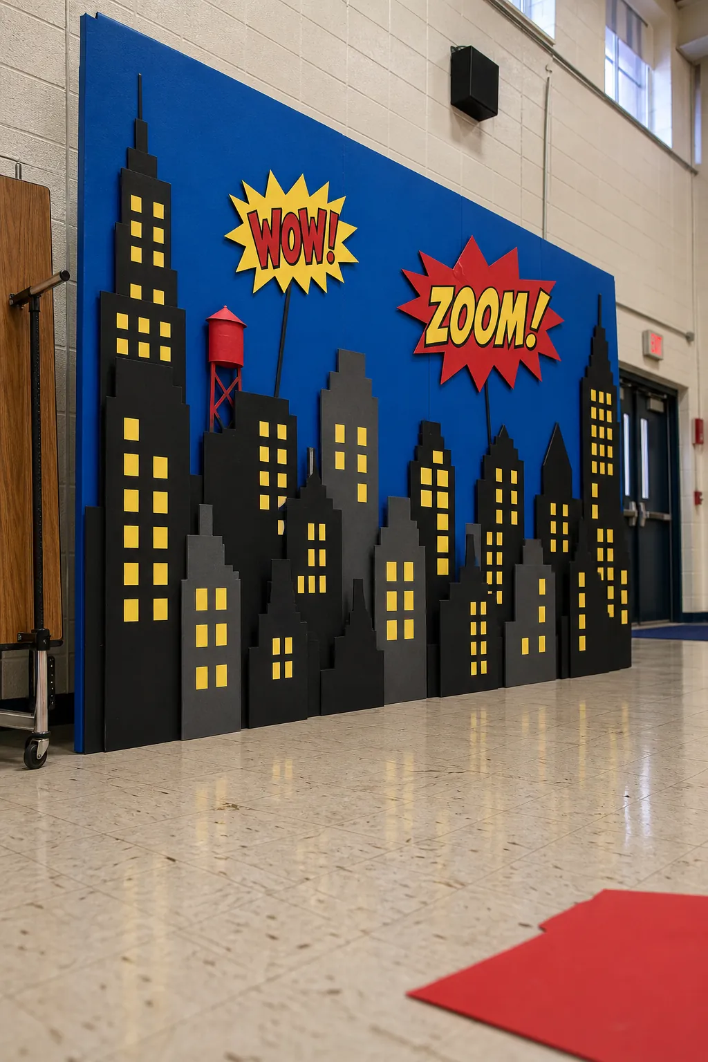 DIY cardboard superhero city skyline party wall for kids