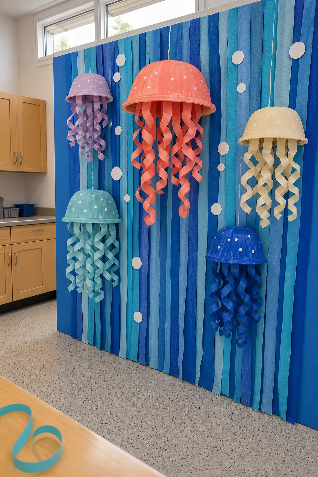 Paper jellyfish and blue streamers on an undersea kids party wall