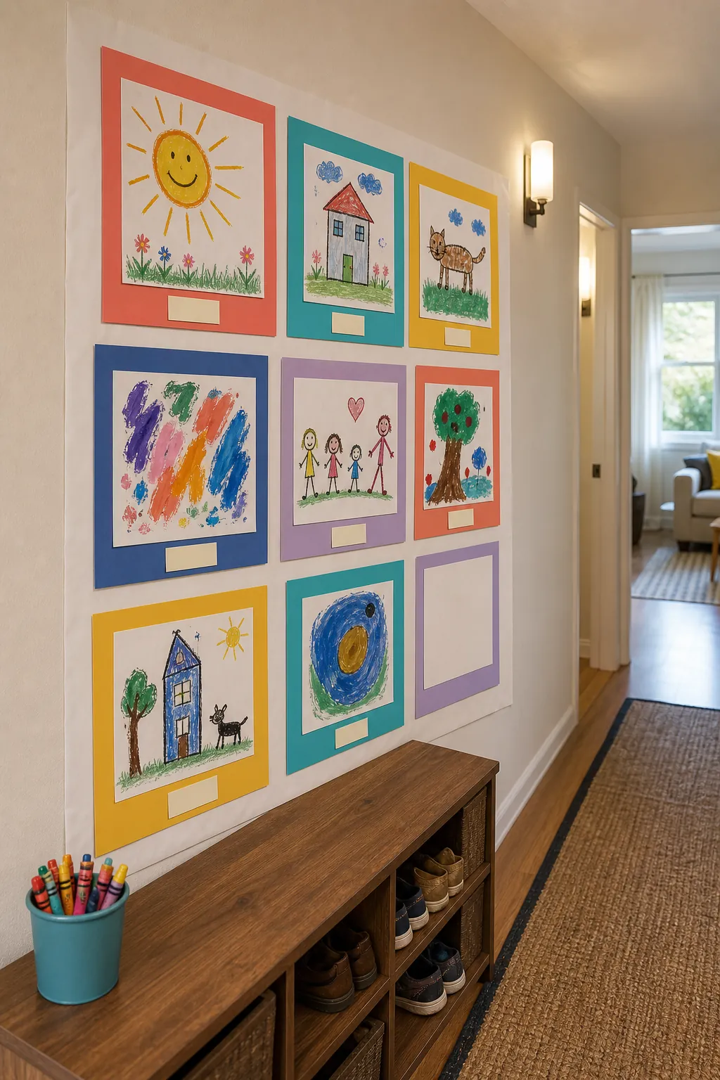 Children's drawings displayed in a colorful birthday party gallery wall