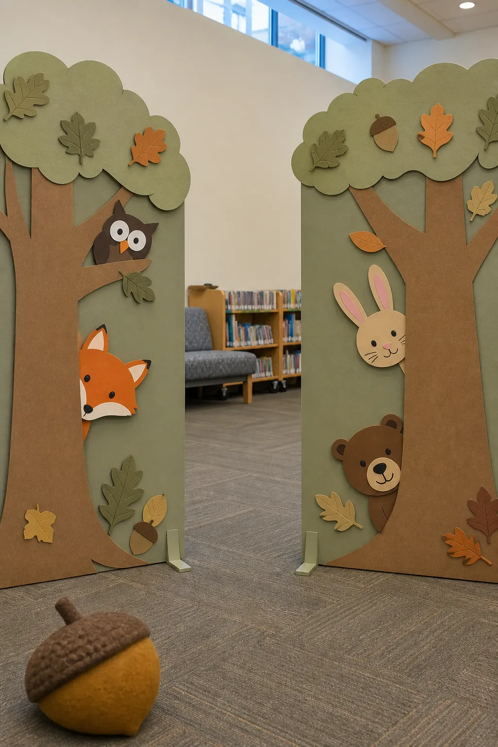 Friendly woodland animal cutouts peeking from paper trees at a kids party