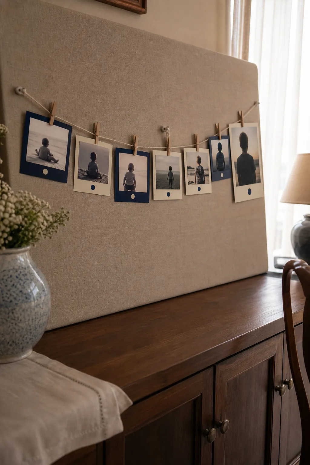 Birthday photo timeline displayed with paper frames and clothespins