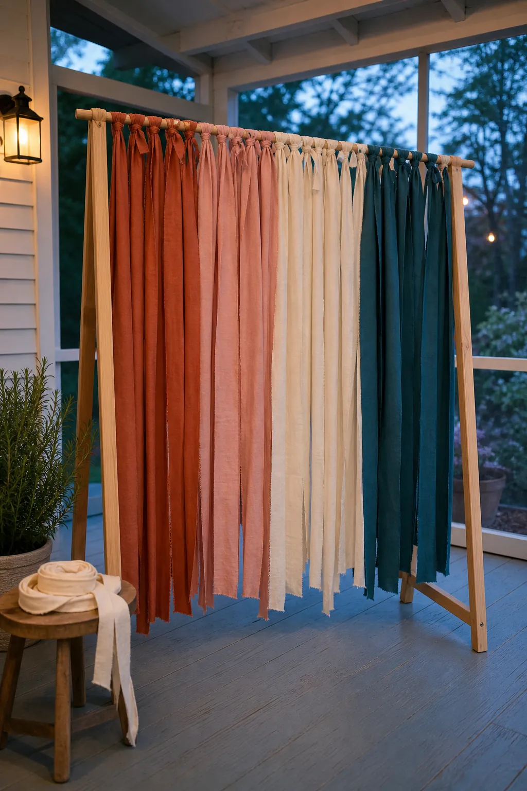 Color-blocked fabric ribbon curtain used as a kids party backdrop