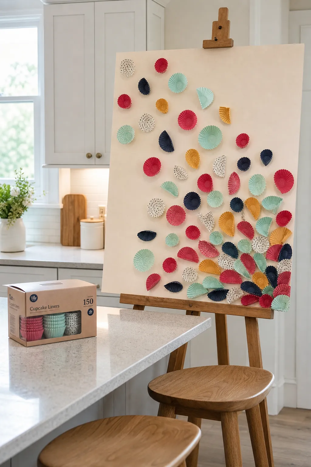 Cupcake liners arranged as oversized confetti on a party wall