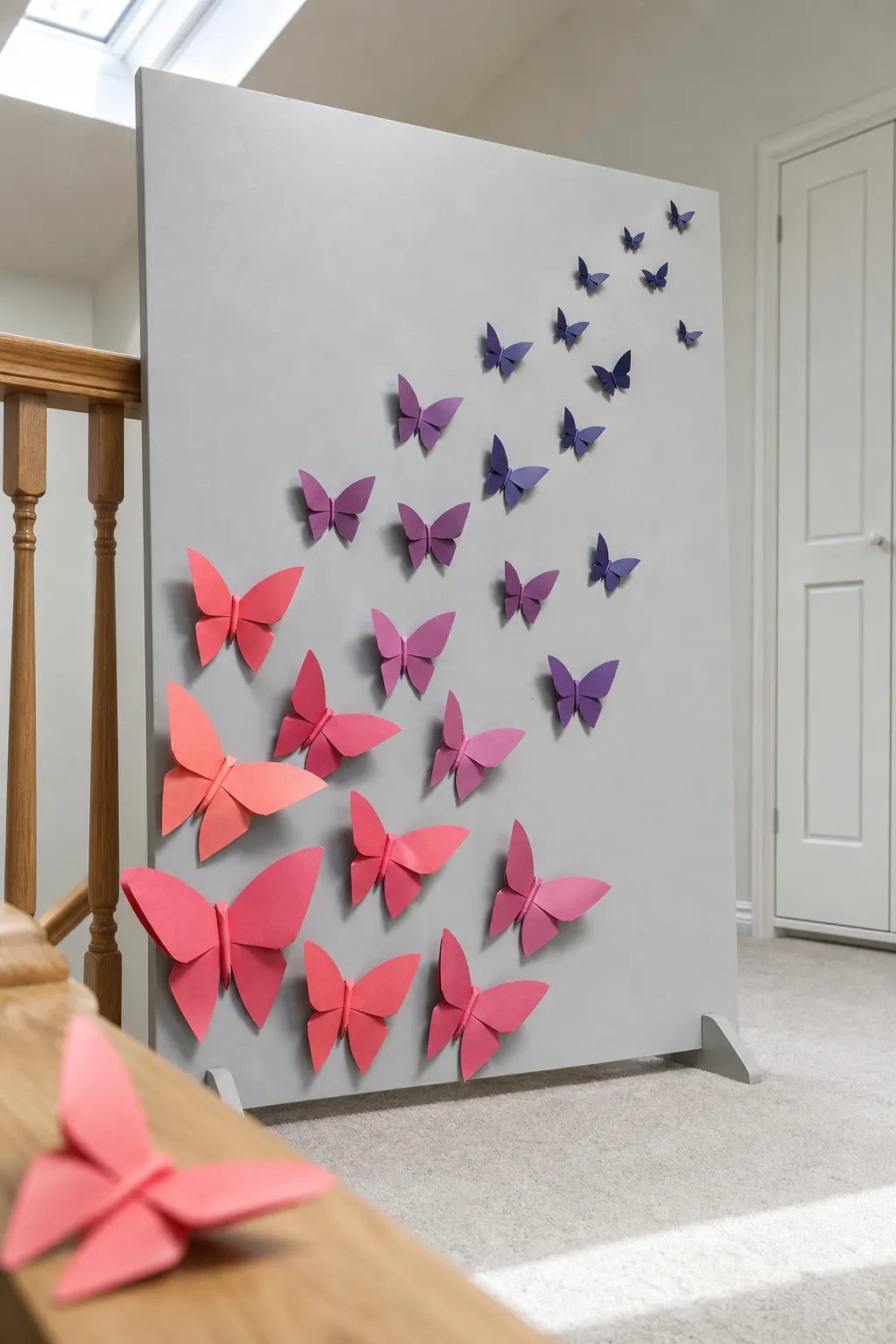 Origami butterflies sweeping across a whimsical children's party wall