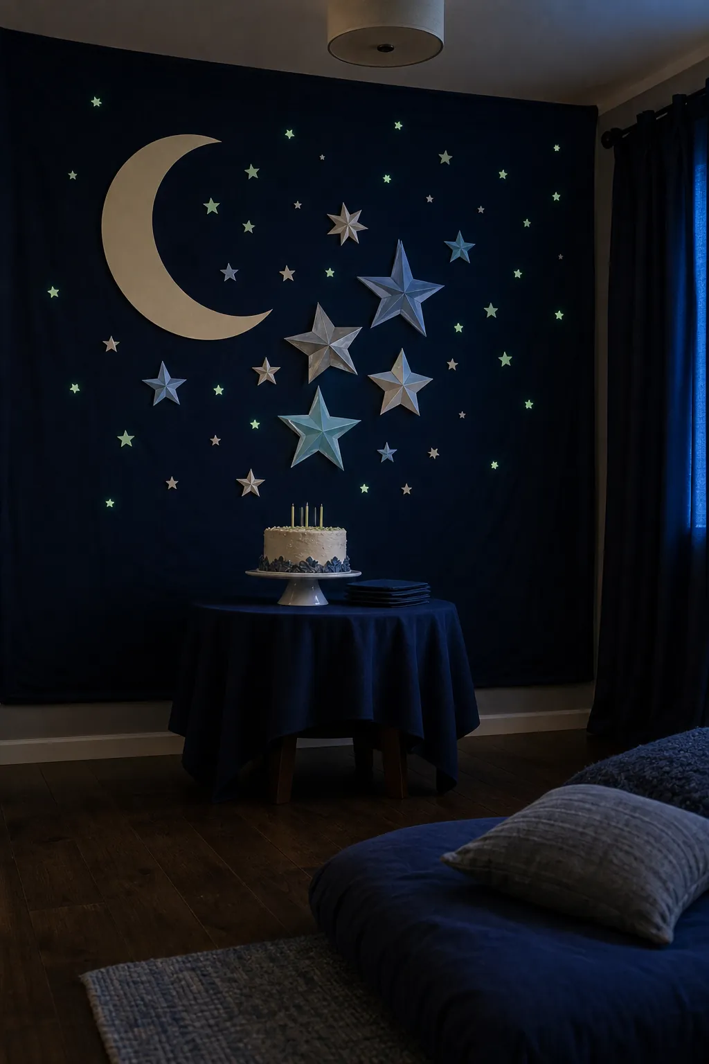 Dark blue birthday wall with glowing paper stars and moon shapes