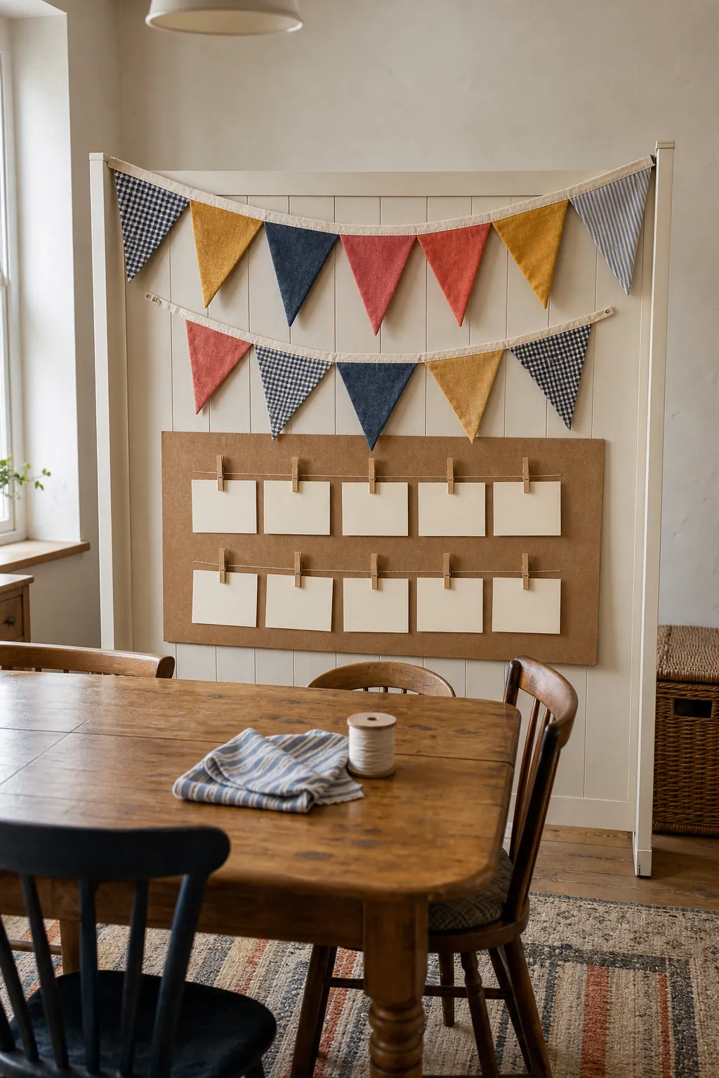 Reusable fabric bunting and birthday notes on a family party wall
