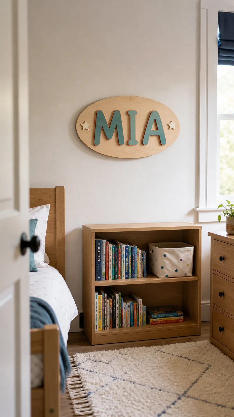 Layered wooden kids name sign personalized in coordinating bedroom colors