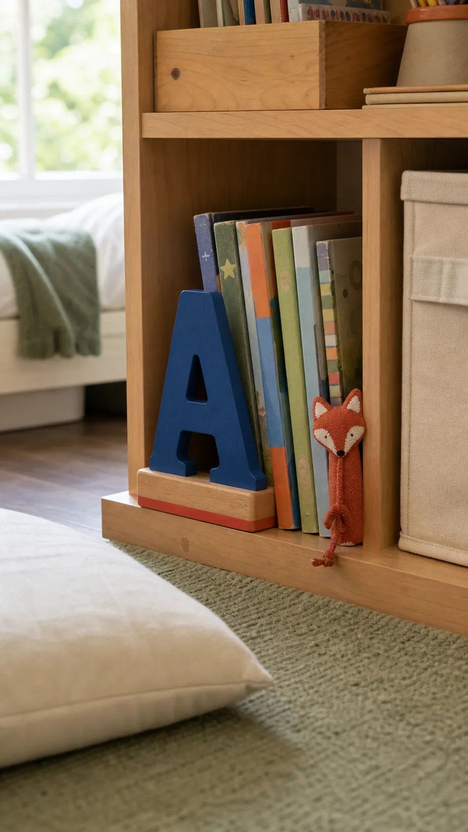 Painted initial bookend personalizing a low children's bookshelf