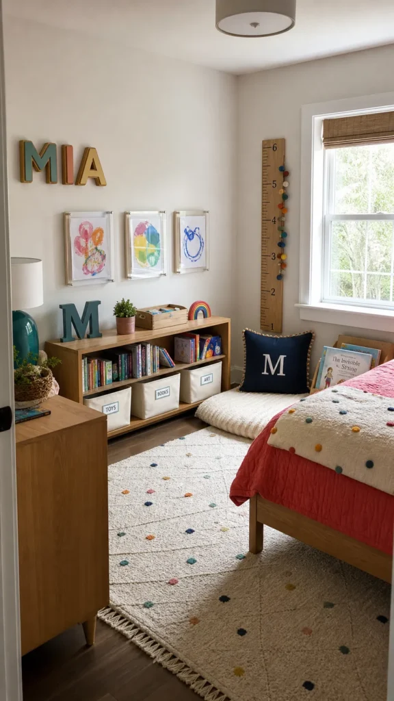 Personalized kids room with changeable name decor, art, storage, and reading nook