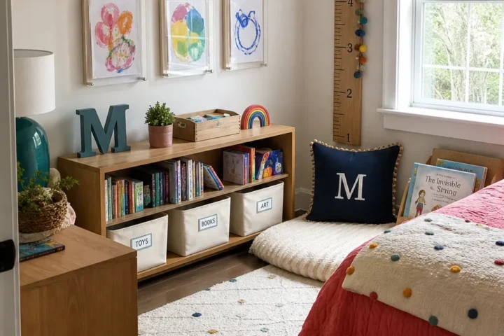 Personalized kids room with changeable name decor, art, storage, and reading nook