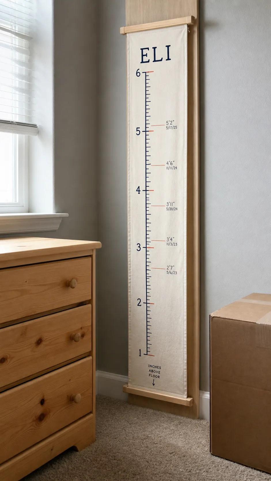 Personalized canvas growth chart marked with a child's milestones