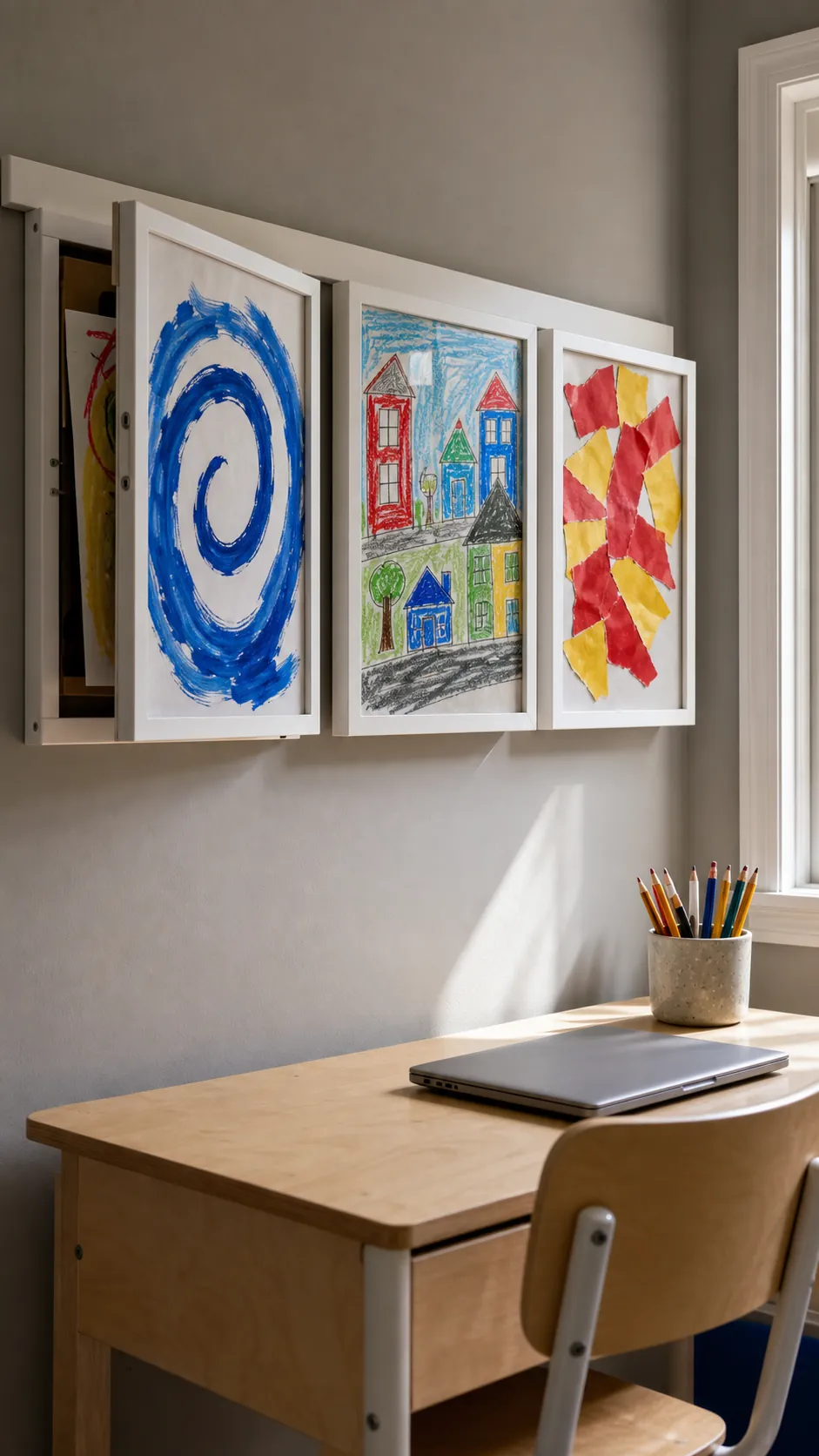 Rotating display frames showing a child's colorful artwork