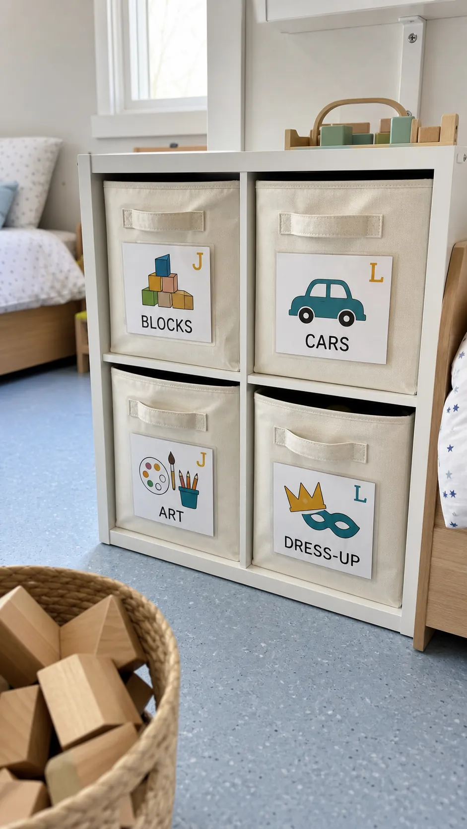 Personalized illustrated labels organizing toy bins in a kids room
