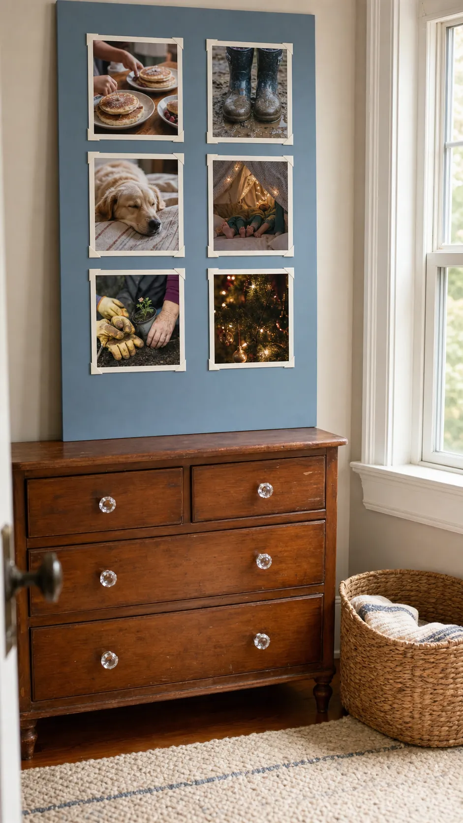 Small grid of candid family photographs in a personalized kids bedroom