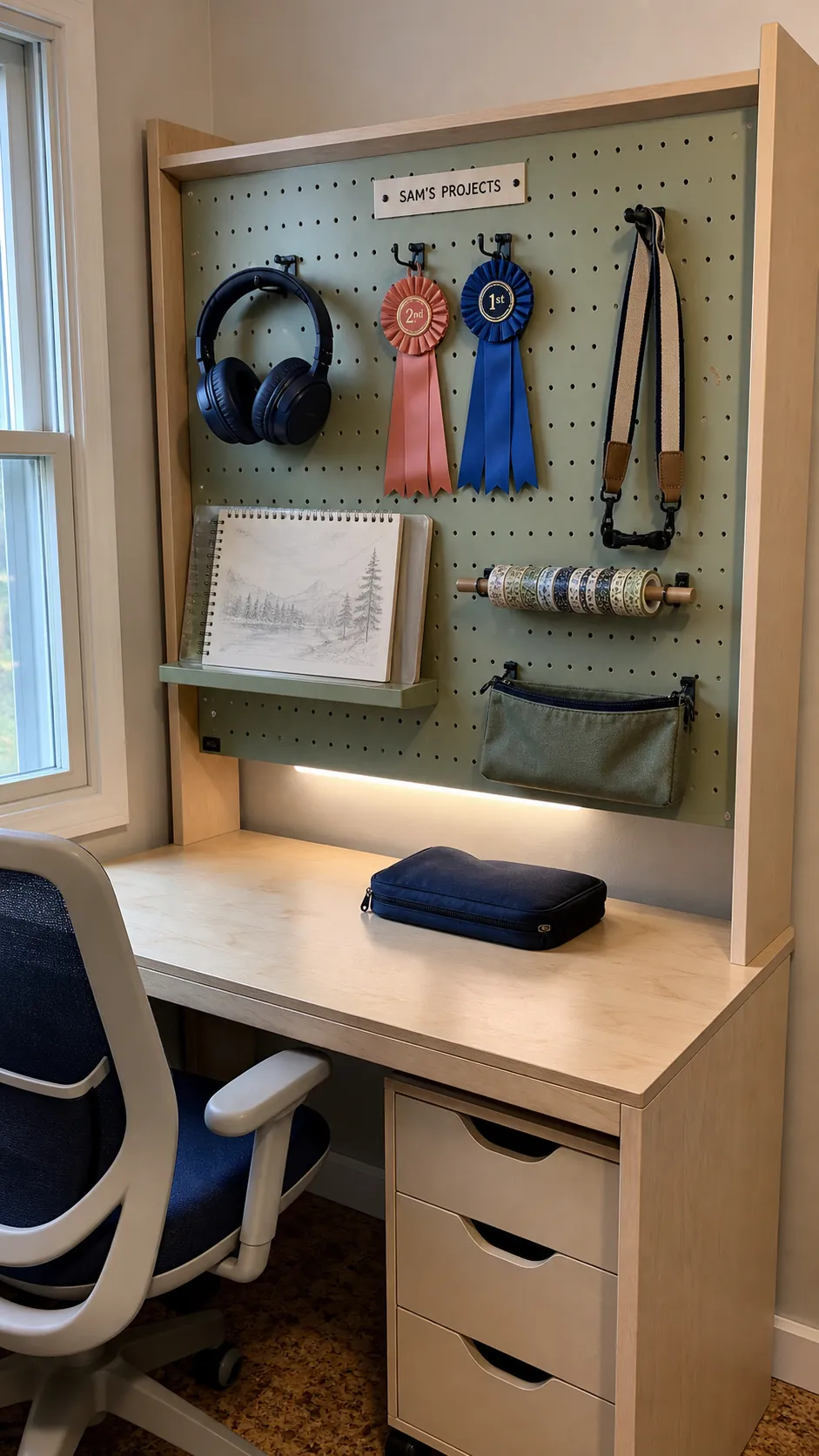 Personalized hobby pegboard displaying a child's current creative interests