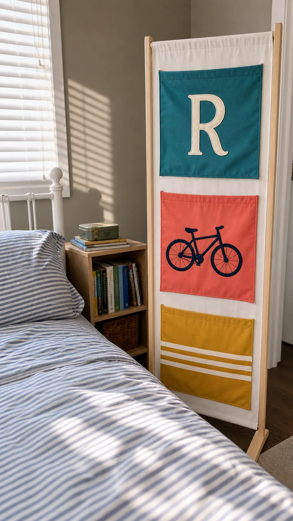 Small personalized fabric flags decorating a kids bedside wall safely