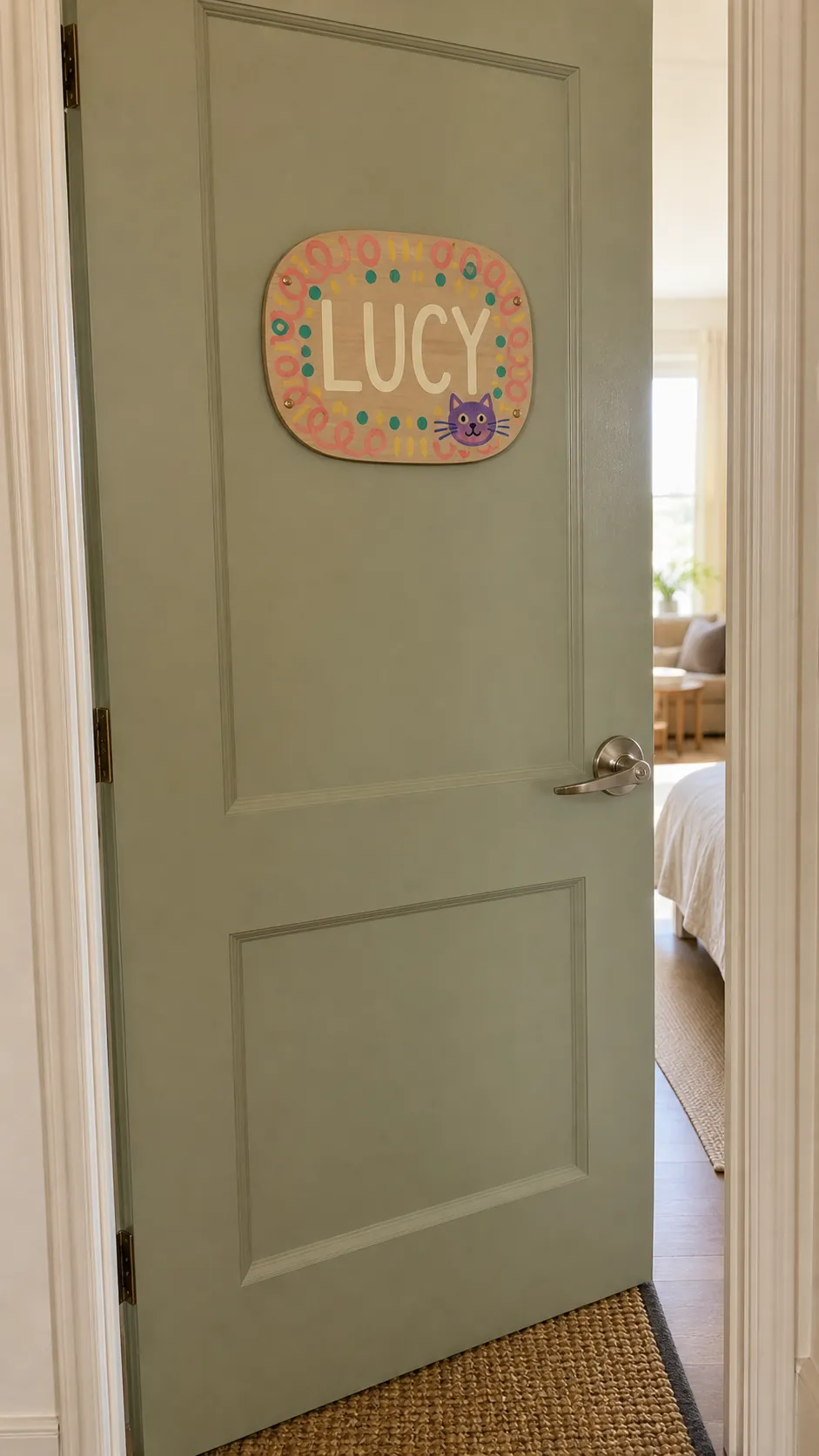Child-designed painted name plaque personalizing a bedroom door