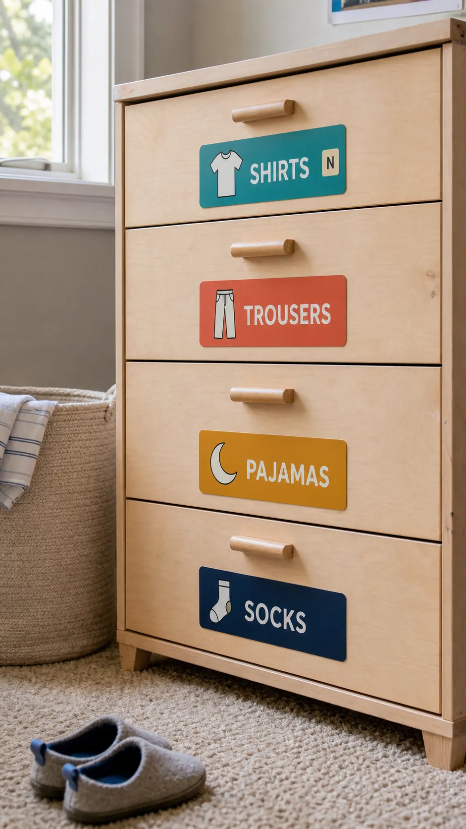 Color-coded personalized drawer labels helping a child get dressed