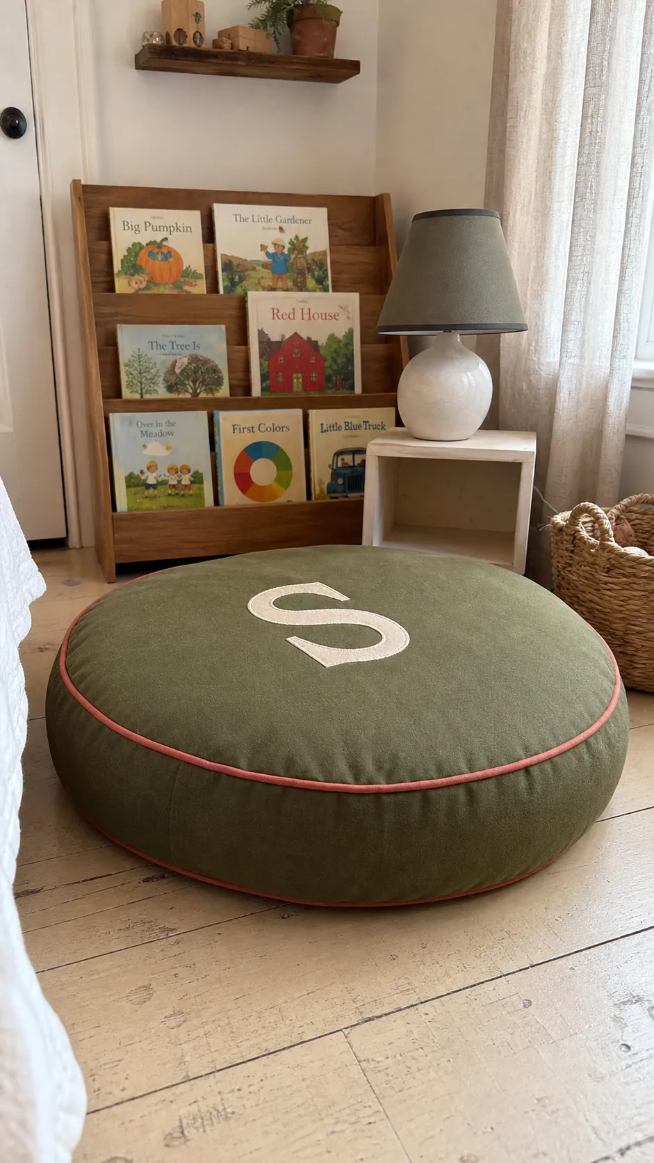 Personalized floor cushion creating a cozy kids reading nook