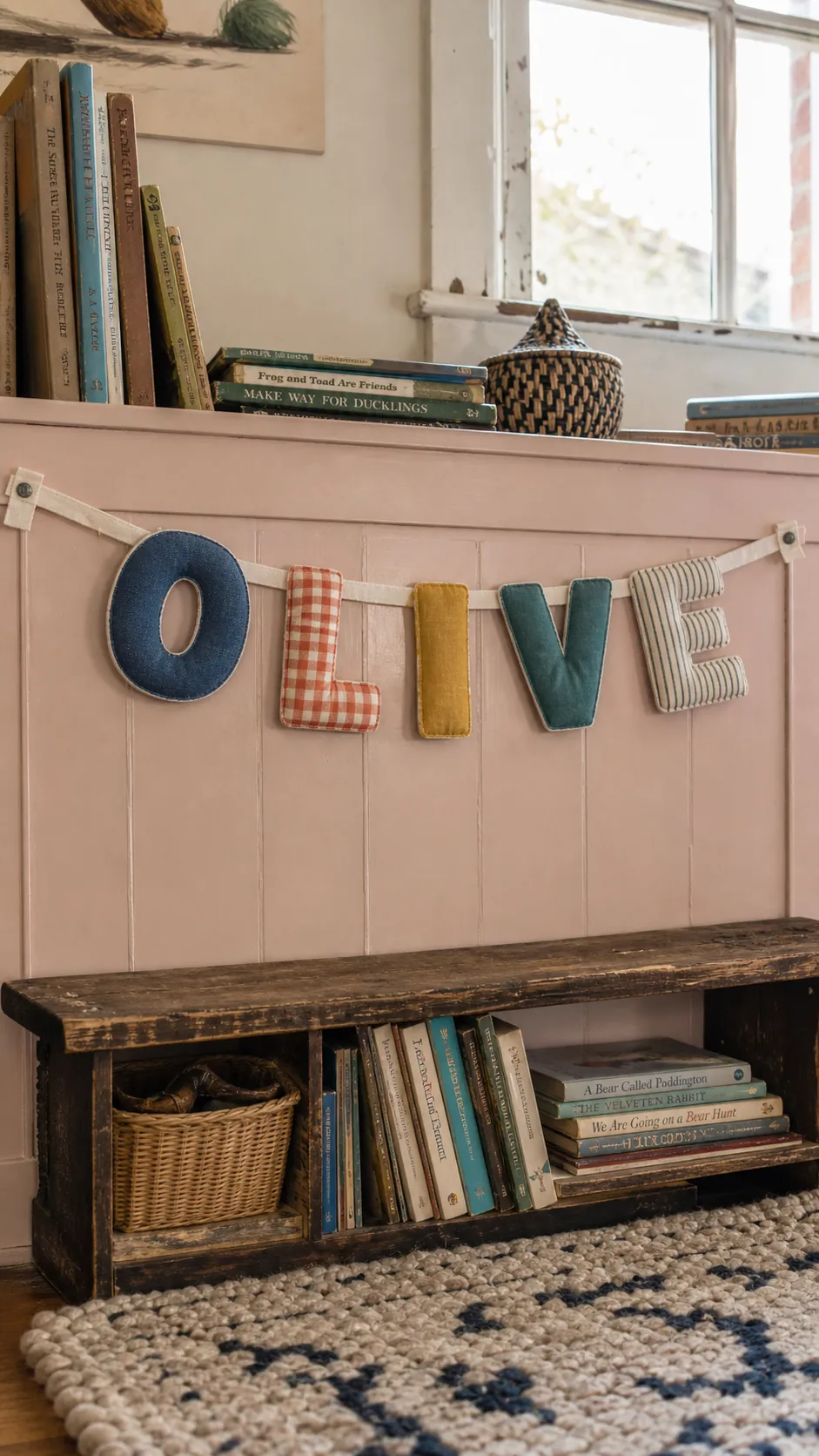 Handmade fabric letter garland spelling a child's name