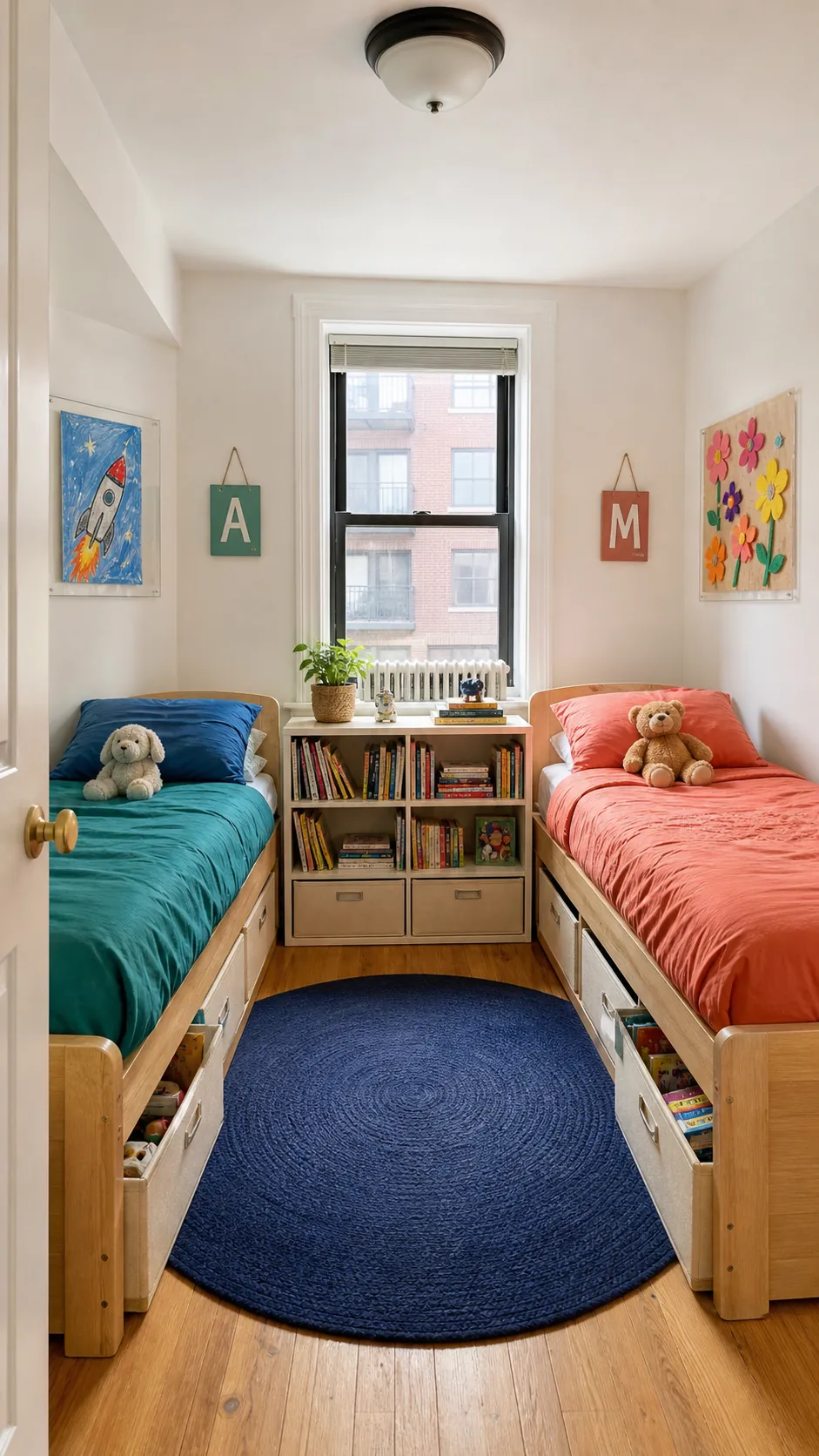 Shared kids bedroom divided into personalized color and display zones