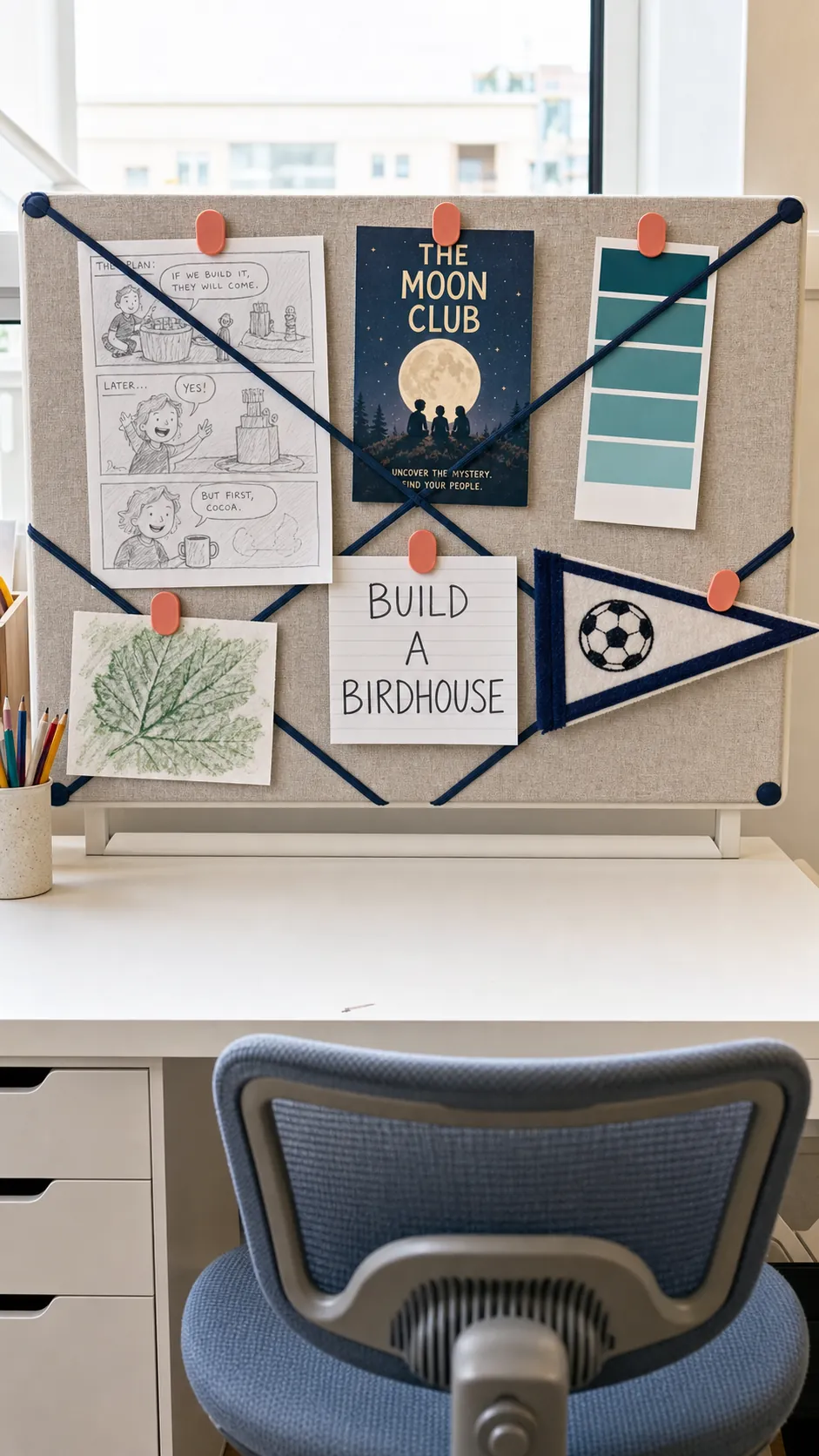 Child-curated fabric pin board displaying current interests and goals