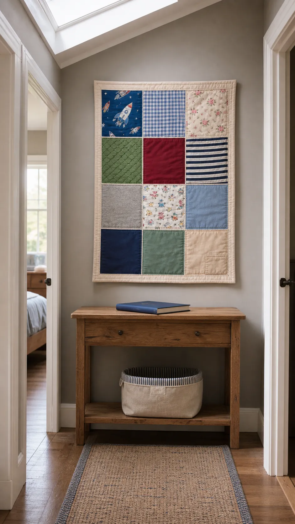 Personalized patchwork wall hanging made from meaningful children's fabrics