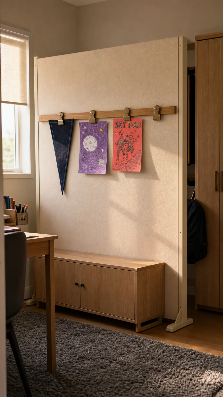 Changeable display rail holding a child's latest art and favorite interests