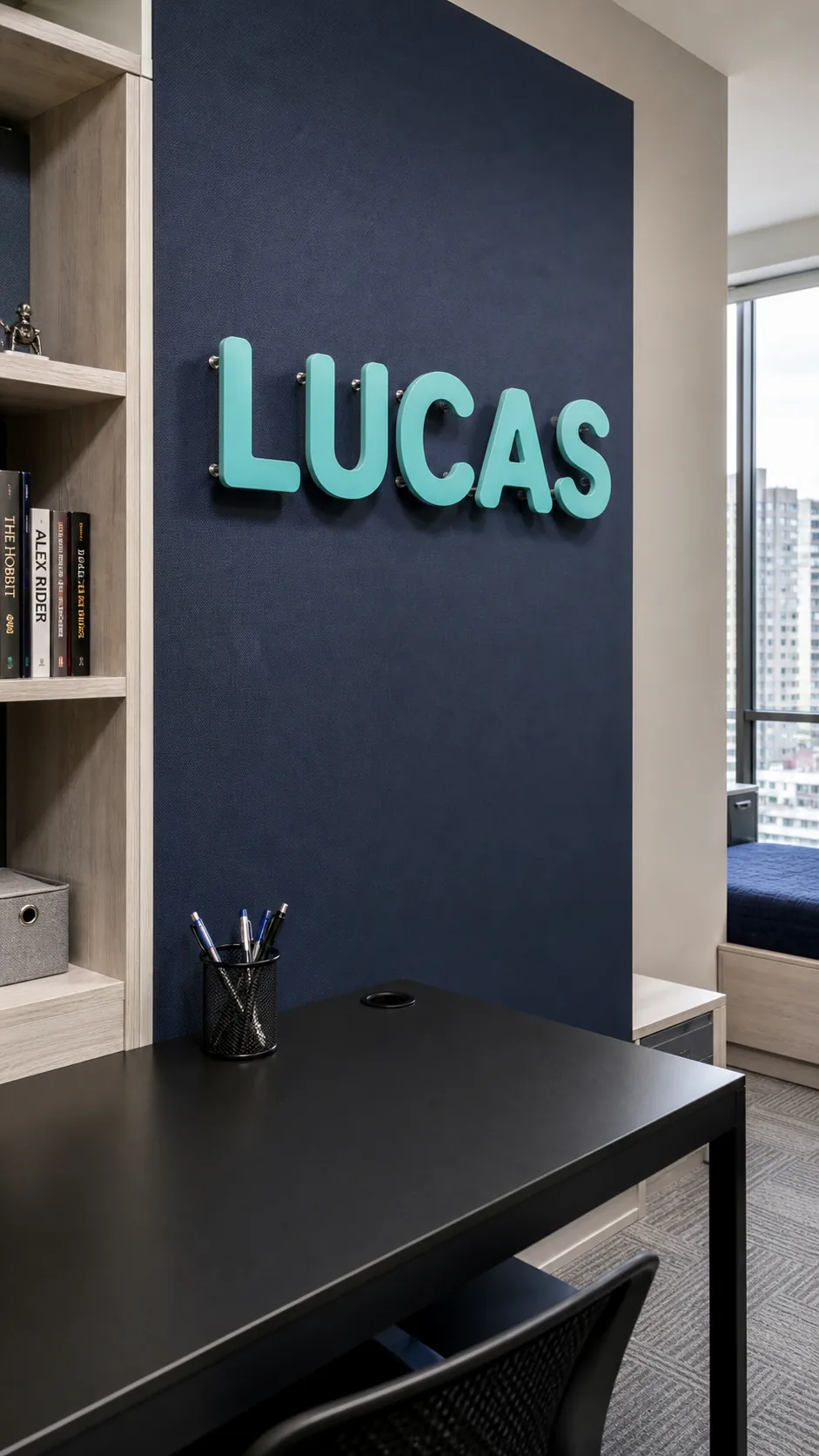 Lightweight acrylic name sign casting a soft shadow on a kids room panel