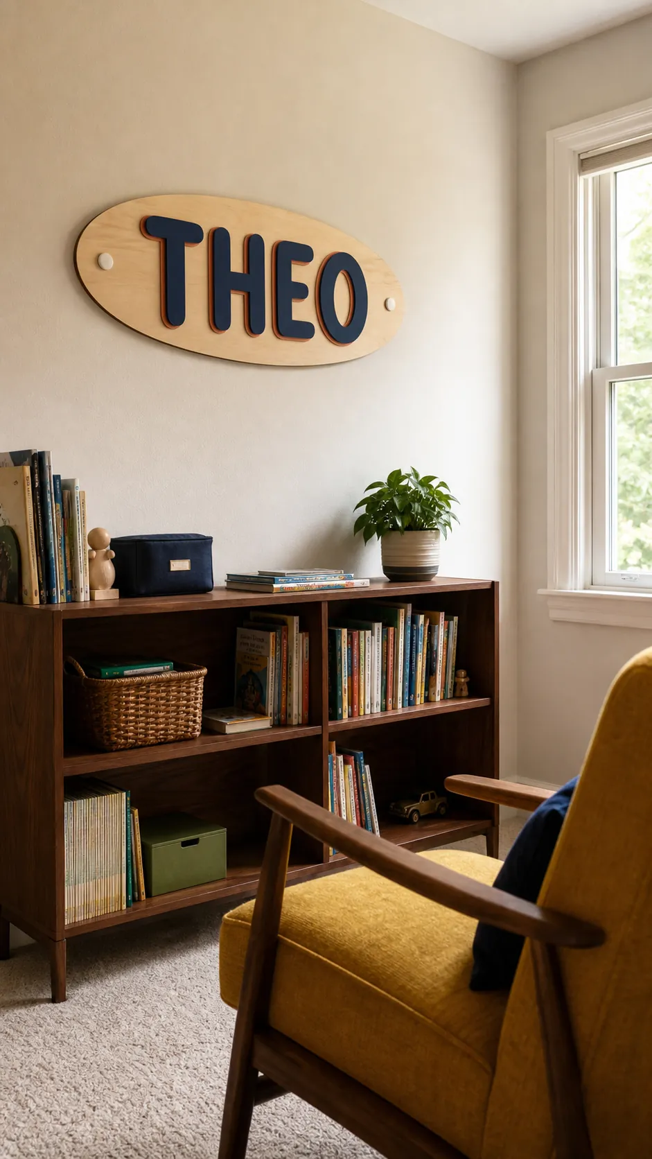 Layered wood cutout name sign in a colorful kids bedroom