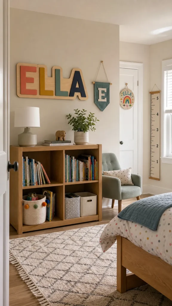 Creative name sign ideas displayed safely around a personalized kids bedroom