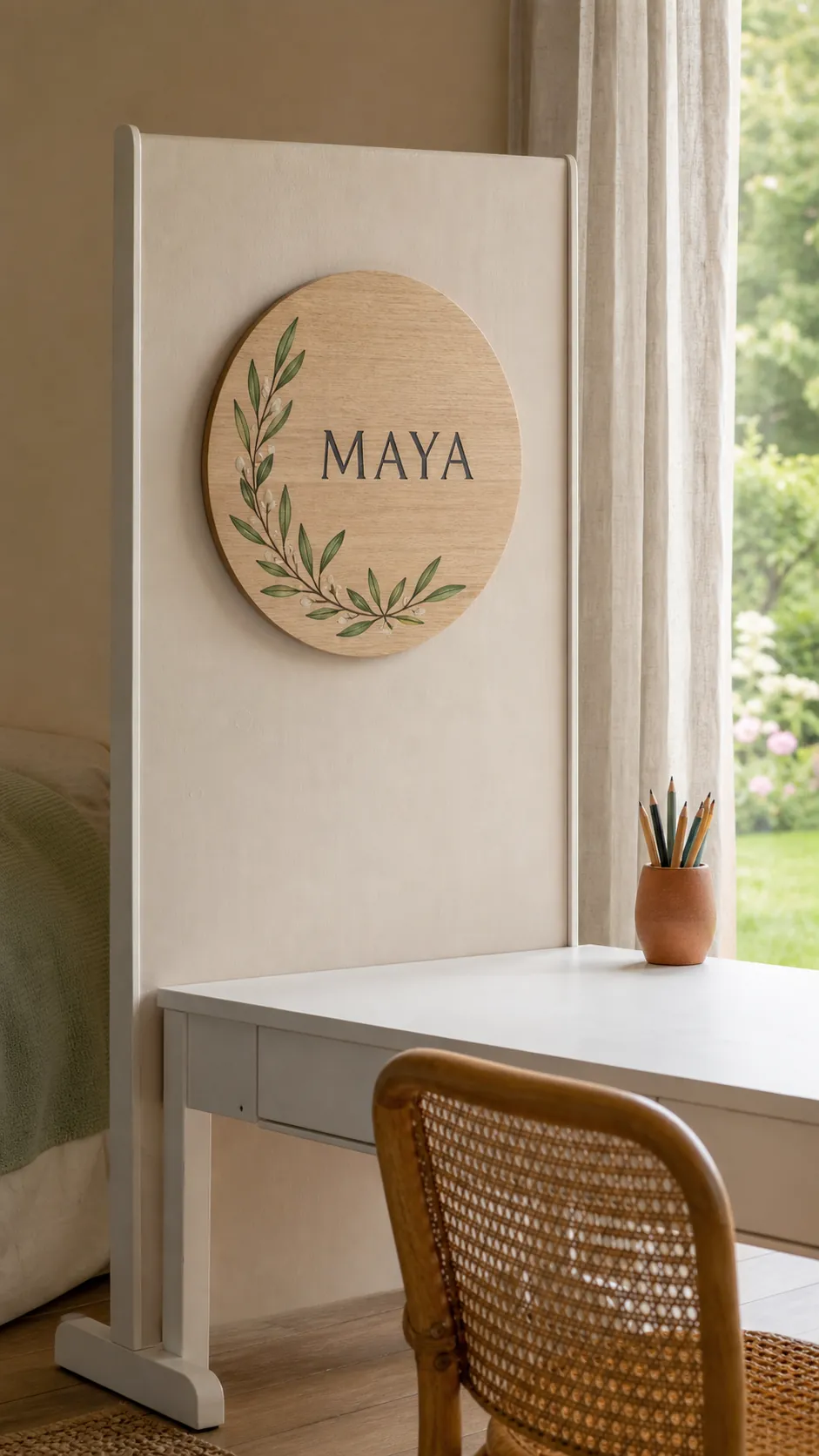 Round botanical name plaque with painted leaves for a child's room