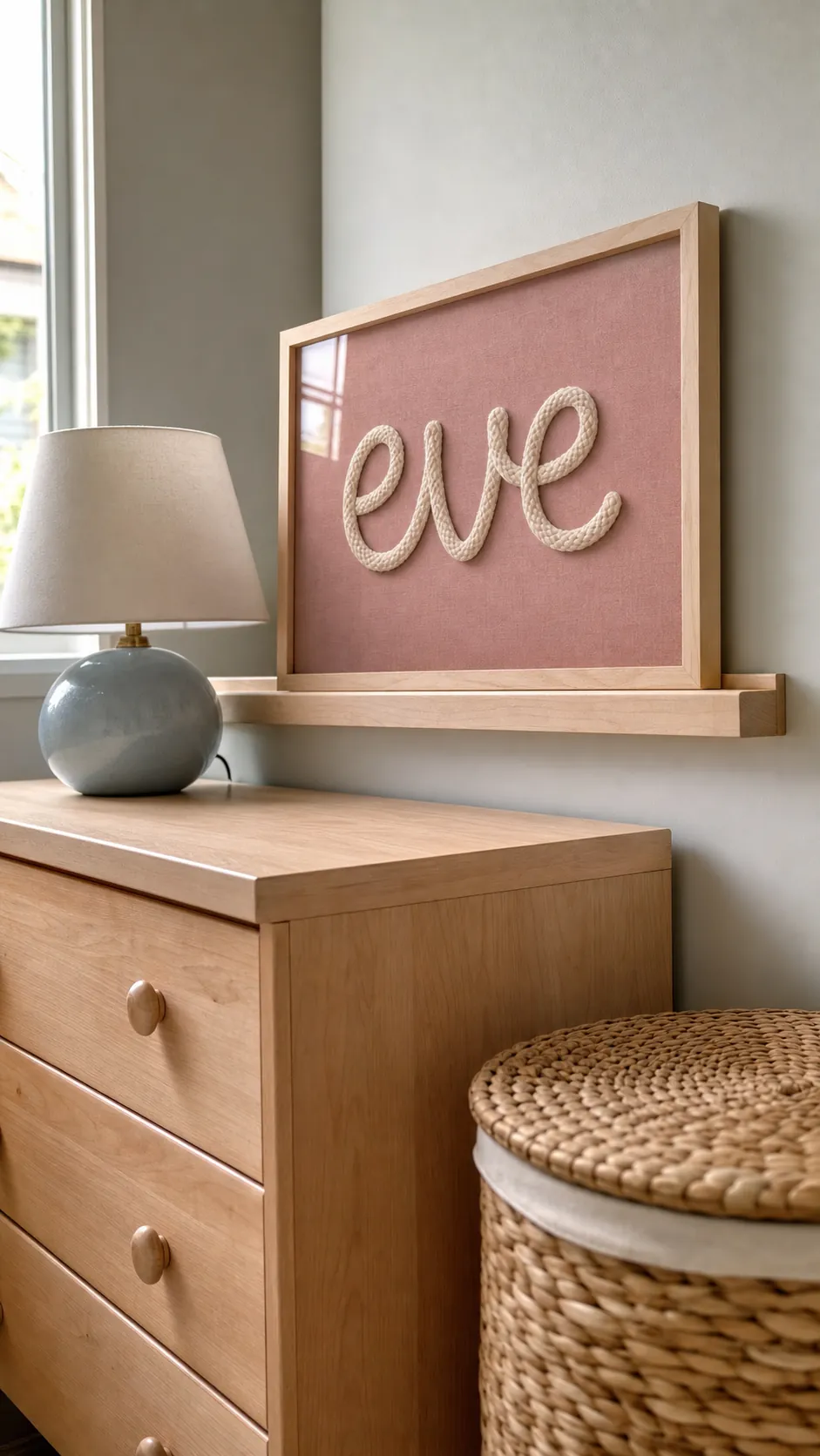 Name shaped from cotton cord and secured inside a bedroom display frame